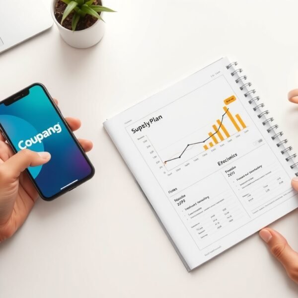 쿠팡서플라이허브 - flat lay of smartphone showing Coupang supply hub app and notebook with business plan on white desk, online wholesale business concept