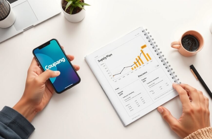 쿠팡서플라이허브 - flat lay of smartphone showing Coupang supply hub app and notebook with business plan on white desk, online wholesale business concept