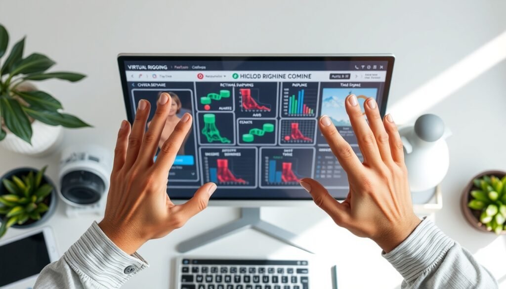 버츄얼리깅 - flat lay of digital rigging software interface on monitor screen, virtual rigging government support program concept, overhead view