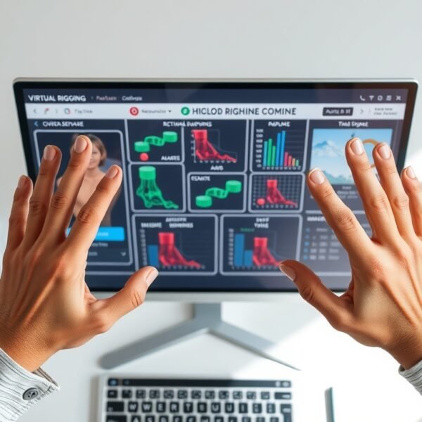 버츄얼리깅 - flat lay of digital rigging software interface on monitor screen, virtual rigging government support program concept, overhead view