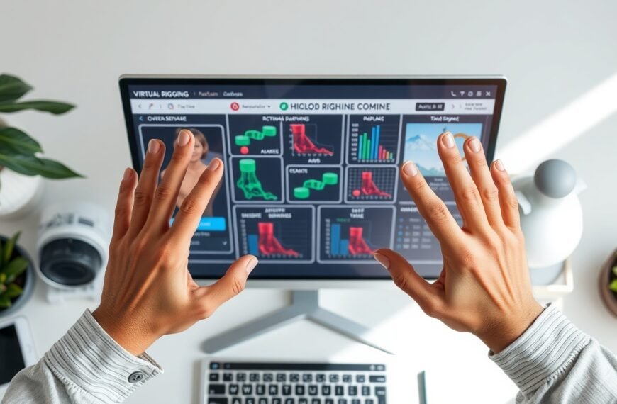 버츄얼리깅 - flat lay of digital rigging software interface on monitor screen, virtual rigging government support program concept, overhead view
