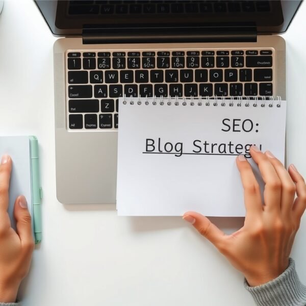 블로그 상위 노출 - flat lay of laptop keyboard and notebook with SEO blog strategy notes on white desk, overhead view