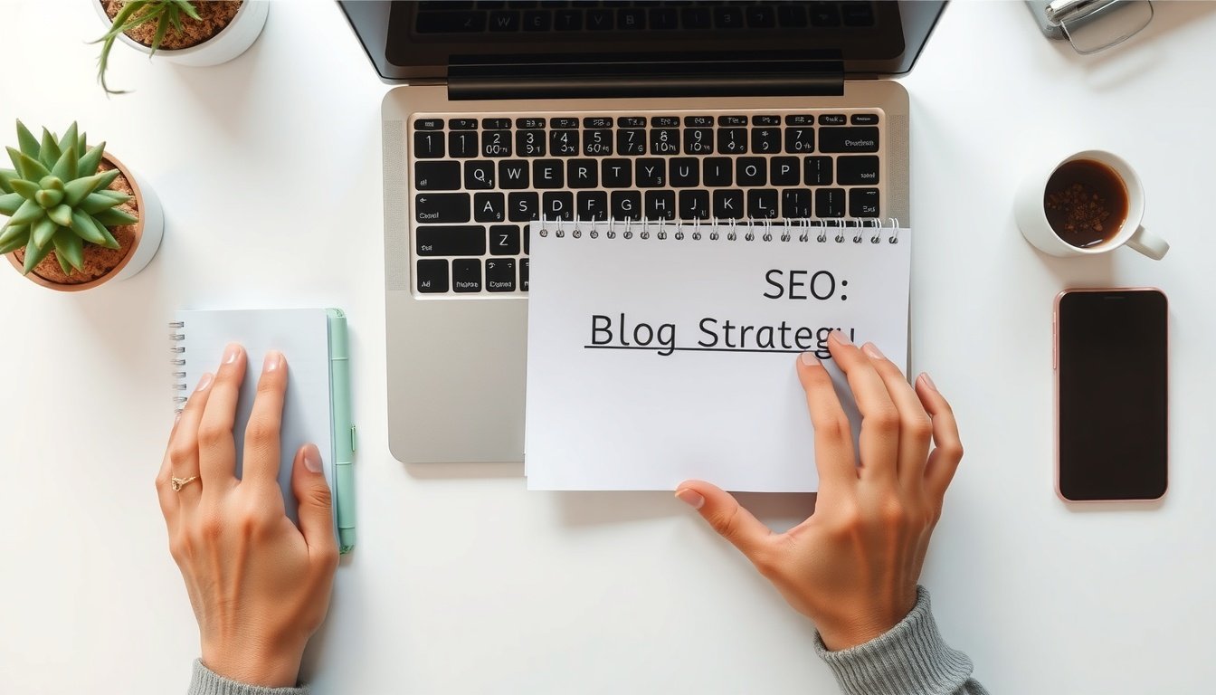 블로그 상위 노출 - flat lay of laptop keyboard and notebook with SEO blog strategy notes on white desk, overhead view