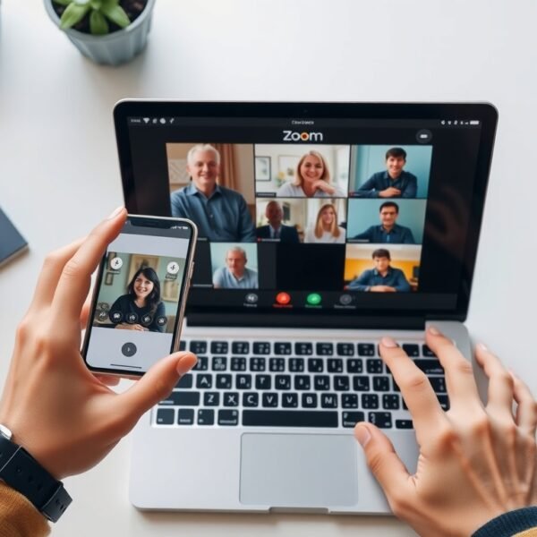 줌회의 - flat lay of laptop and smartphone showing Zoom meeting interface on white desk, zoom video conference concept