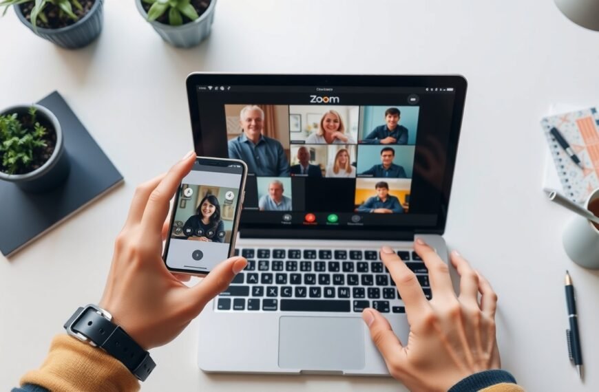 줌회의 - flat lay of laptop and smartphone showing Zoom meeting interface on white desk, zoom video conference concept