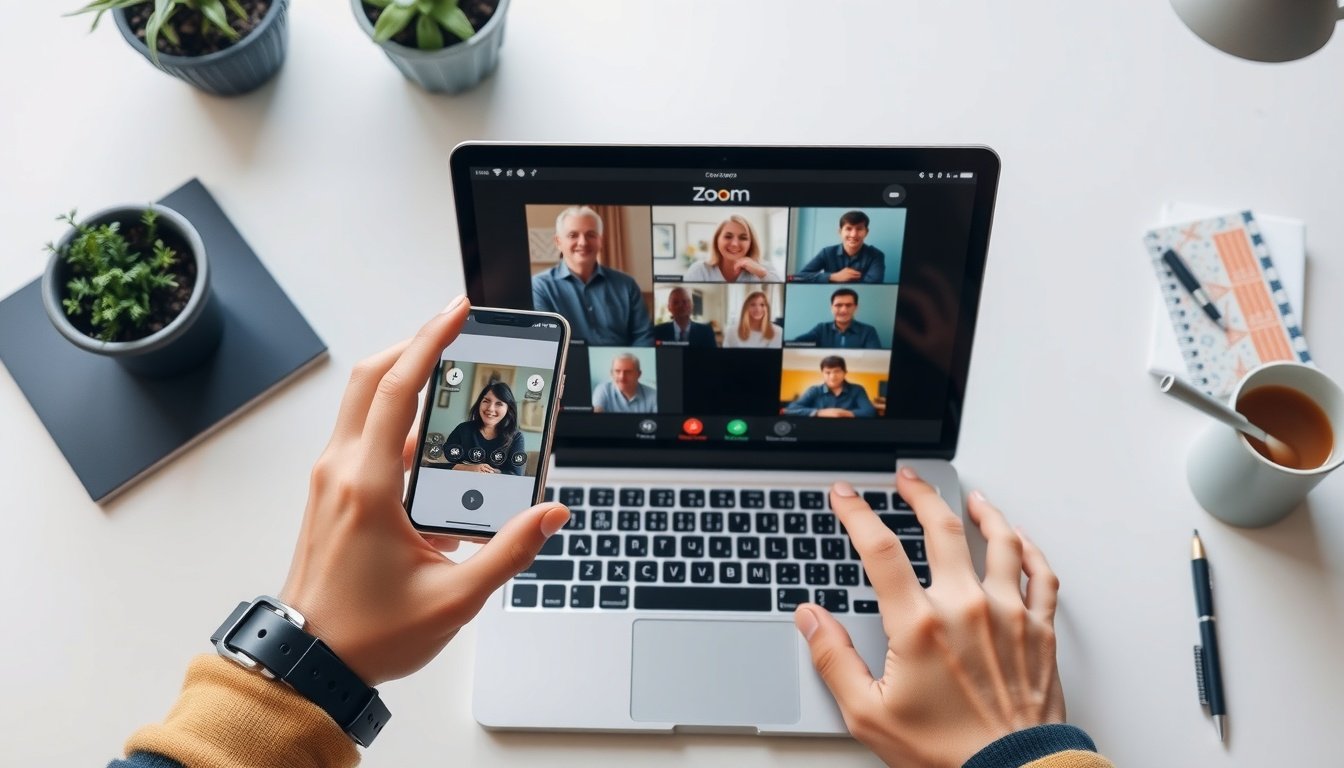 줌회의 - flat lay of laptop and smartphone showing Zoom meeting interface on white desk, zoom video conference concept