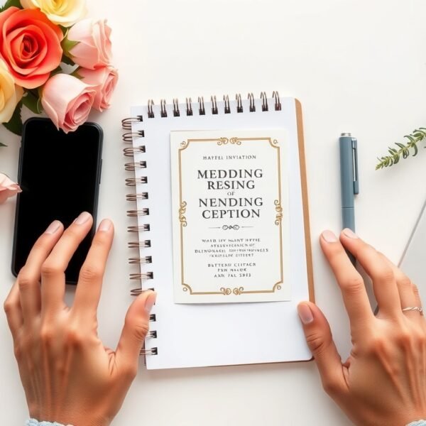 미리캔버스 청첩장 - flat lay of wedding invitation card design on white desk with smartphone, notebook, and flowers, mobile wedding invitation concept