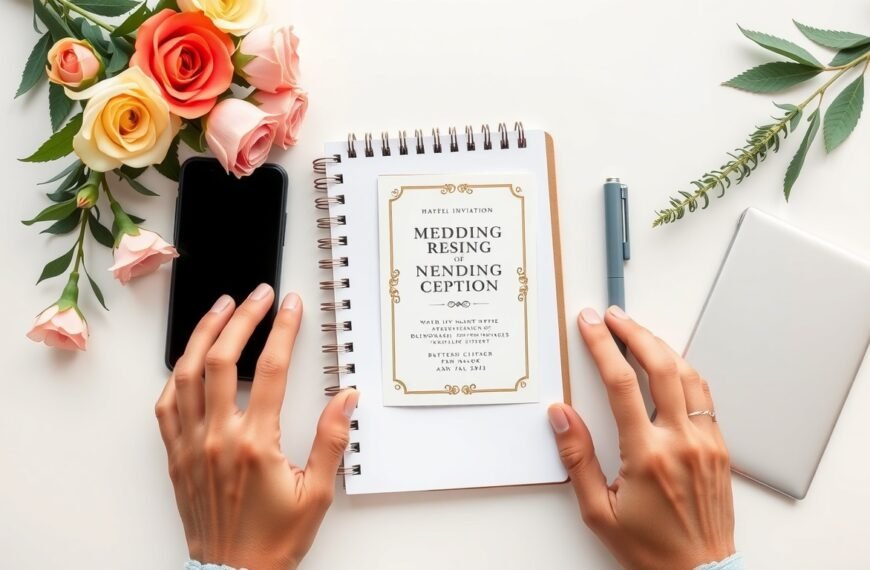 미리캔버스 청첩장 - flat lay of wedding invitation card design on white desk with smartphone, notebook, and flowers, mobile wedding invitation concept