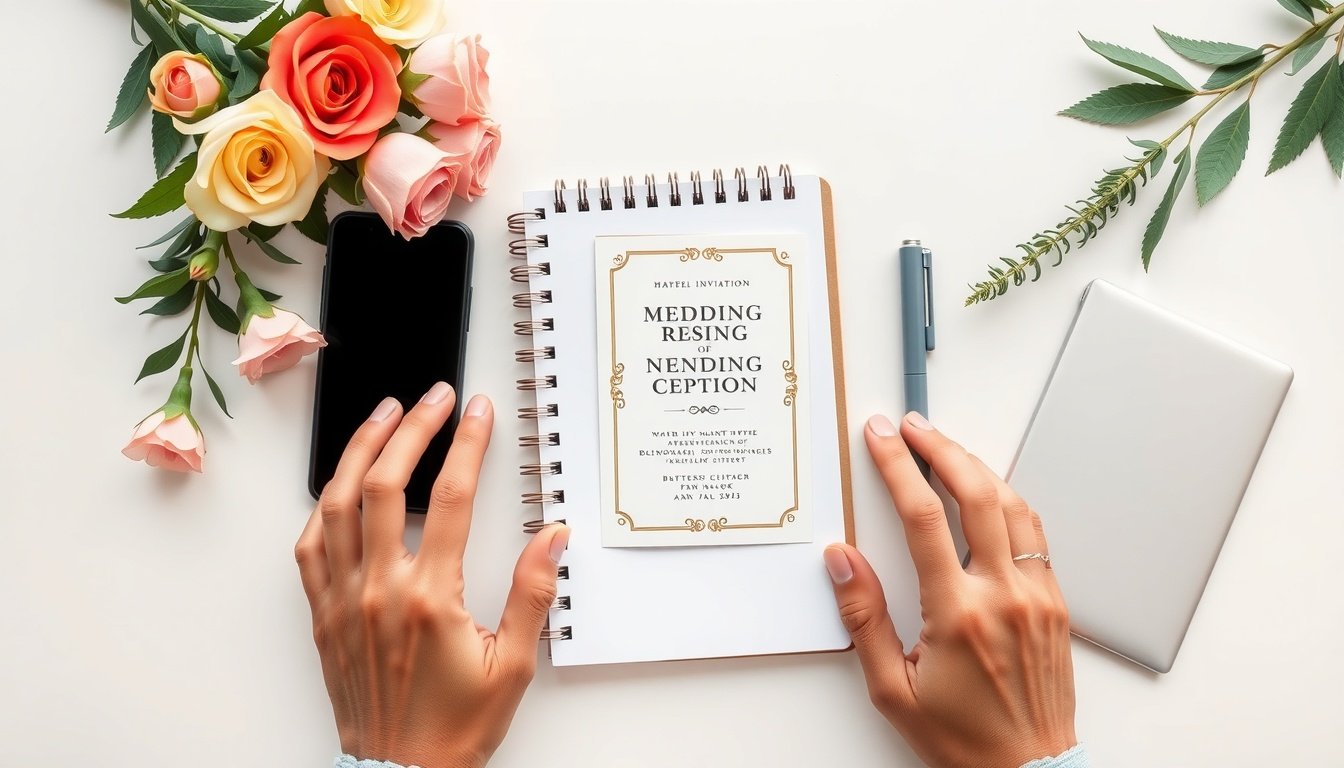 미리캔버스 청첩장 - flat lay of wedding invitation card design on white desk with smartphone, notebook, and flowers, mobile wedding invitation concept