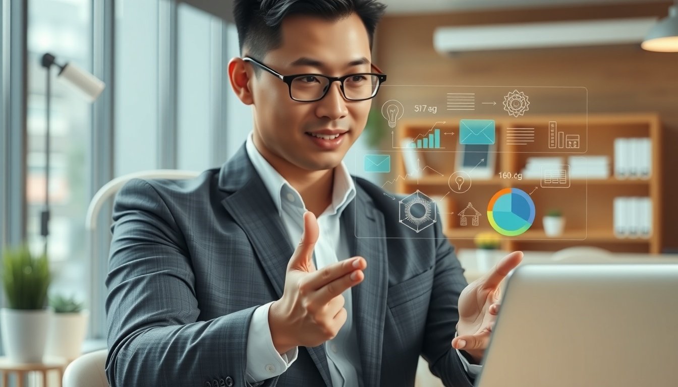 구글 챗gpt - upper body shot of Korean professional man with face visible, comparing AI tools on laptop screen in office, natural hands