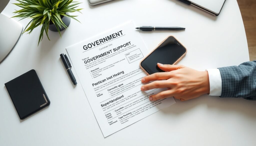 타우바우 - flat lay of government support documents and smartphone on white desk, taubau policy information concept