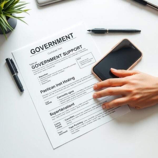타우바우 - flat lay of government support documents and smartphone on white desk, taubau policy information concept