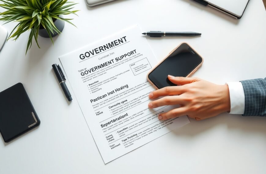 타우바우 - flat lay of government support documents and smartphone on white desk, taubau policy information concept