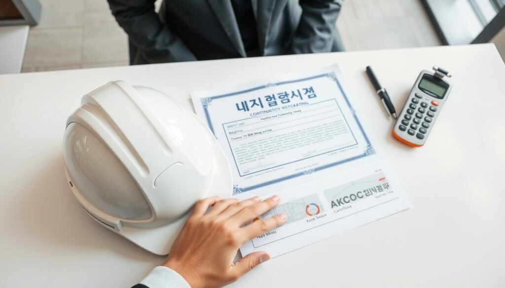 인천건설기술교육원 - flat lay of construction safety helmet and training certificate on white desk, Incheon construction technology education concept
