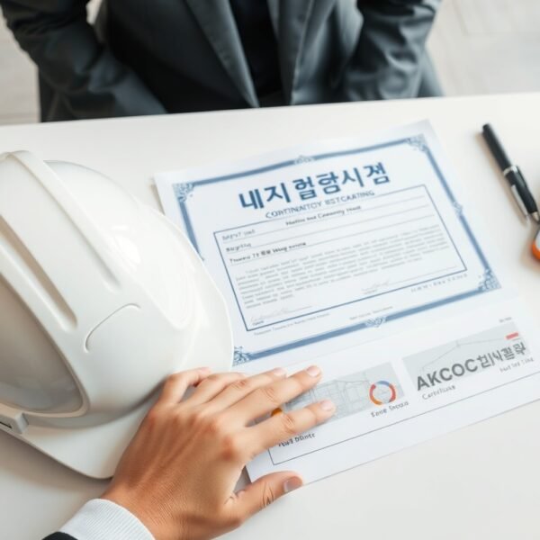 인천건설기술교육원 - flat lay of construction safety helmet and training certificate on white desk, Incheon construction technology education concept