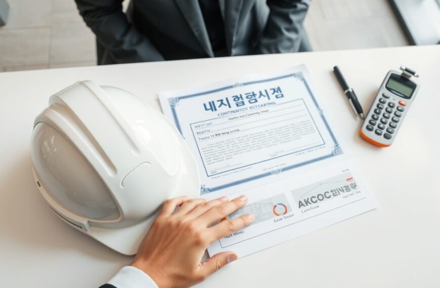 인천건설기술교육원 - flat lay of construction safety helmet and training certificate on white desk, Incheon construction technology education concept