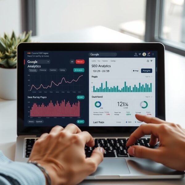 블로그 상위노출 - flat lay of laptop with Google search results and SEO analytics dashboard on screen, blog upper ranking strategy concept
