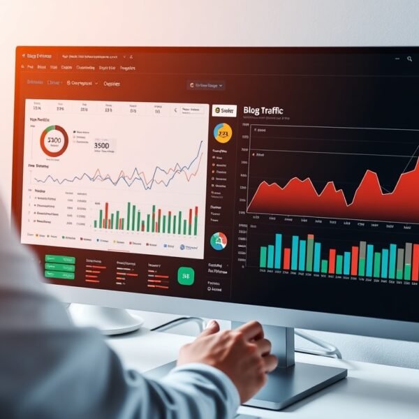 Person analyzing blog traffic dashboard on computer screen with SEO metrics visible