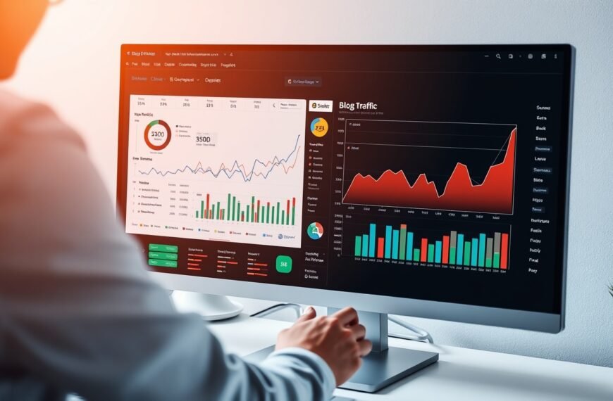 Person analyzing blog traffic dashboard on computer screen with SEO metrics visible