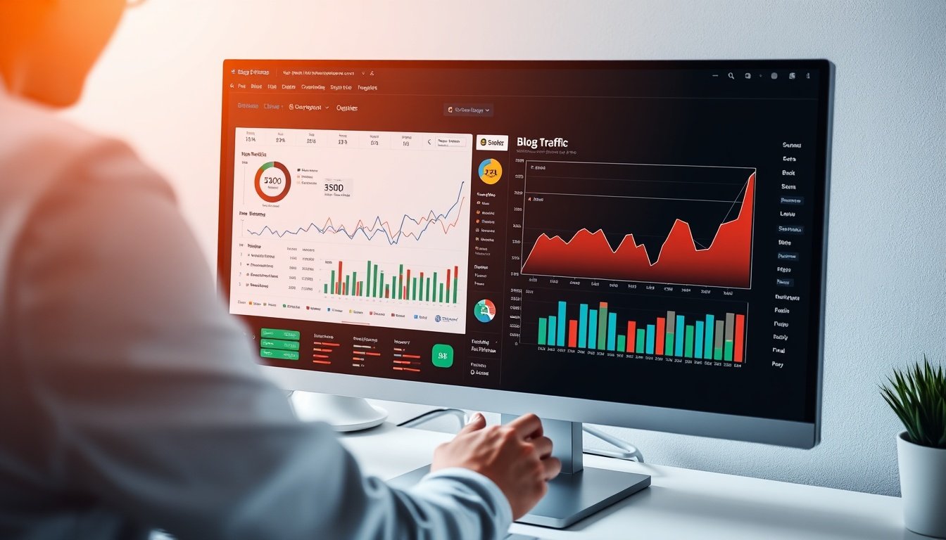 Person analyzing blog traffic dashboard on computer screen with SEO metrics visible