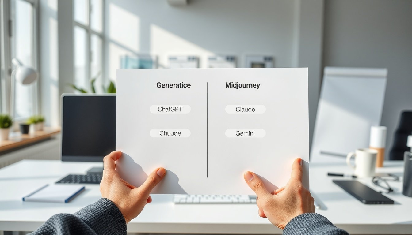 생성형 AI 종류 - comparison chart of generative AI types including ChatGPT, Claude, Gemini, Midjourney on a clean white background, flat lay product concept