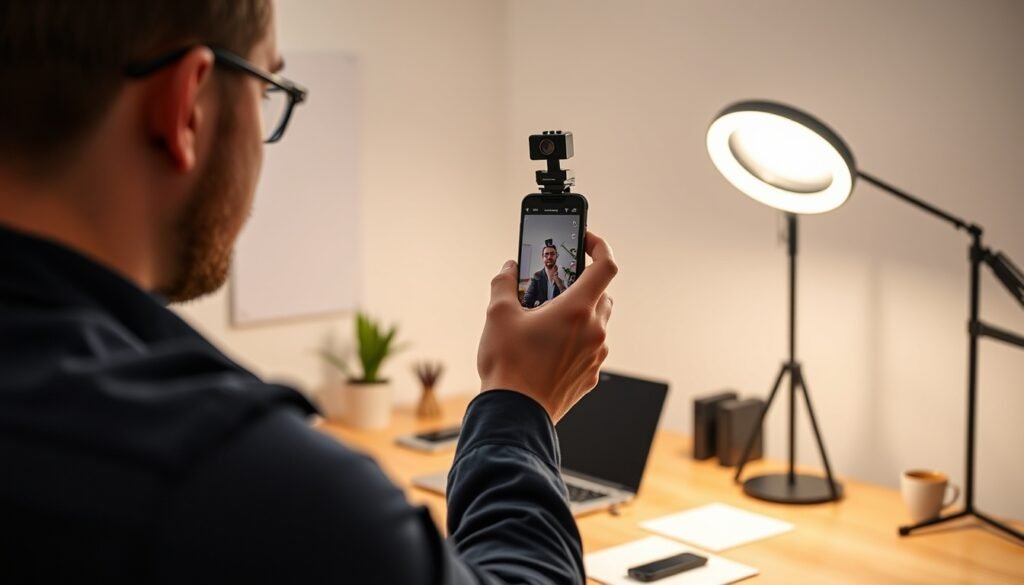 YouTube Shorts creator filming vertical video content on smartphone with ring light setup