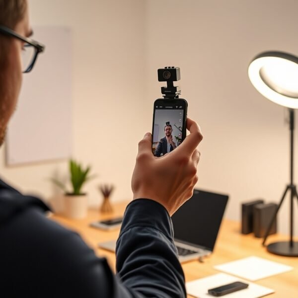 YouTube Shorts creator filming vertical video content on smartphone with ring light setup