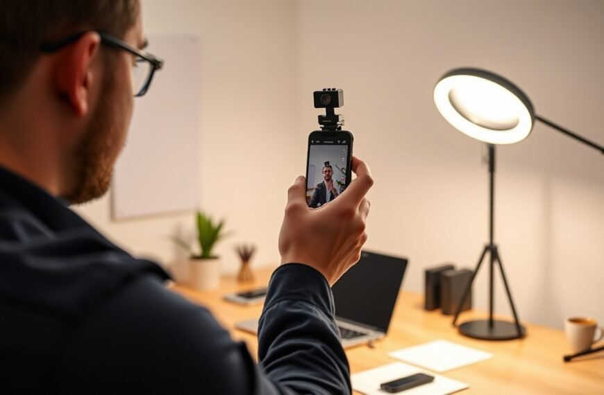 YouTube Shorts creator filming vertical video content on smartphone with ring light setup