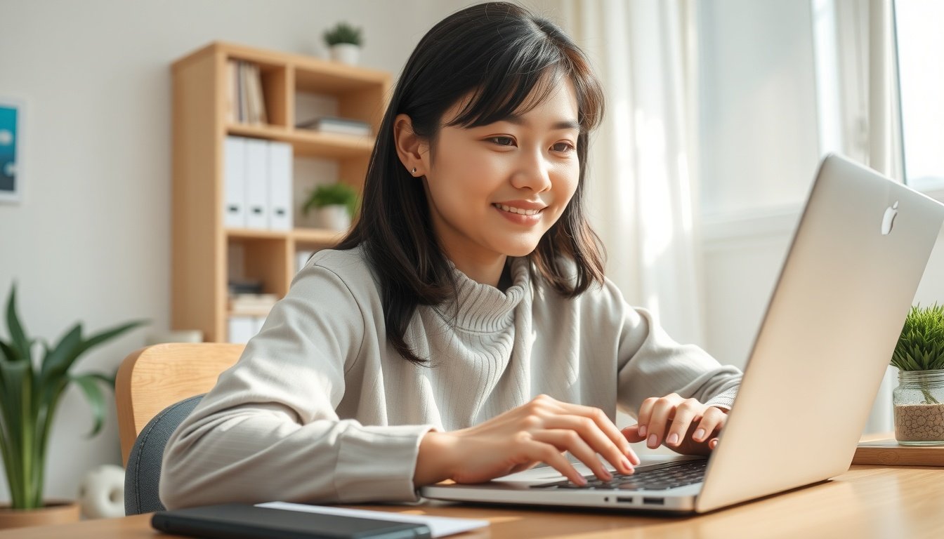 스레드 수익화 방법 - Korean woman upper body shot with face visible, smiling while working on laptop with Threads app on screen in home office, natural hands