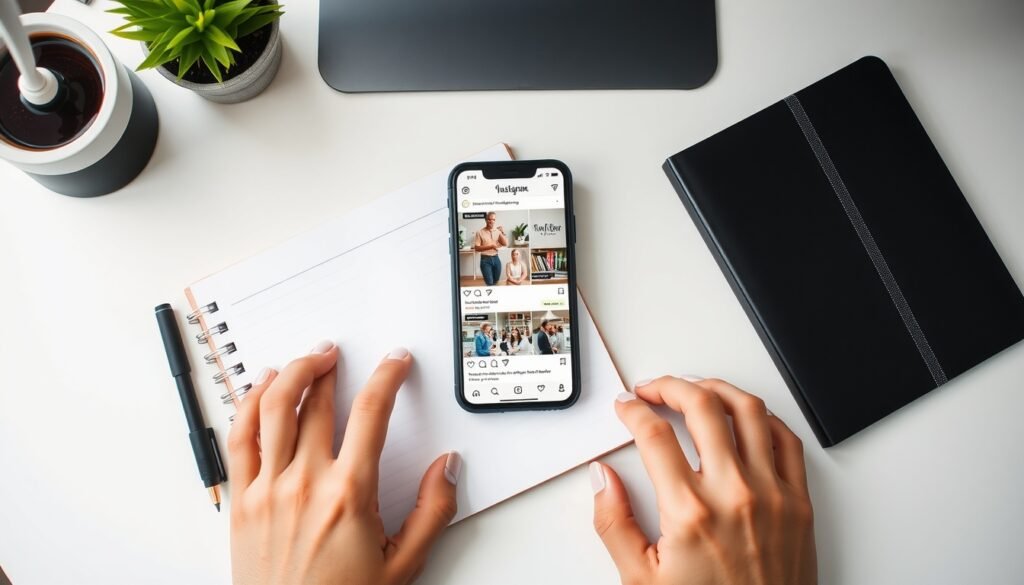 인스타샵 - flat lay of smartphone showing Instagram shop interface with product tags, notebook and pen on white desk, online business concept