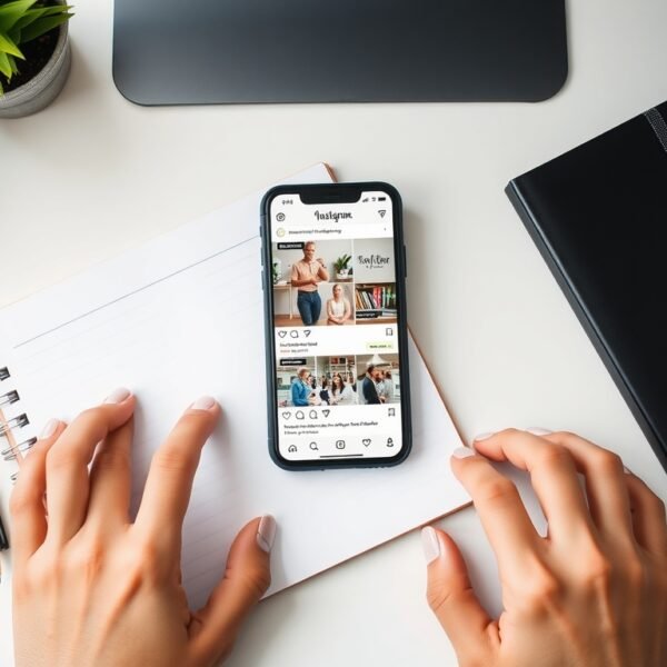인스타샵 - flat lay of smartphone showing Instagram shop interface with product tags, notebook and pen on white desk, online business concept