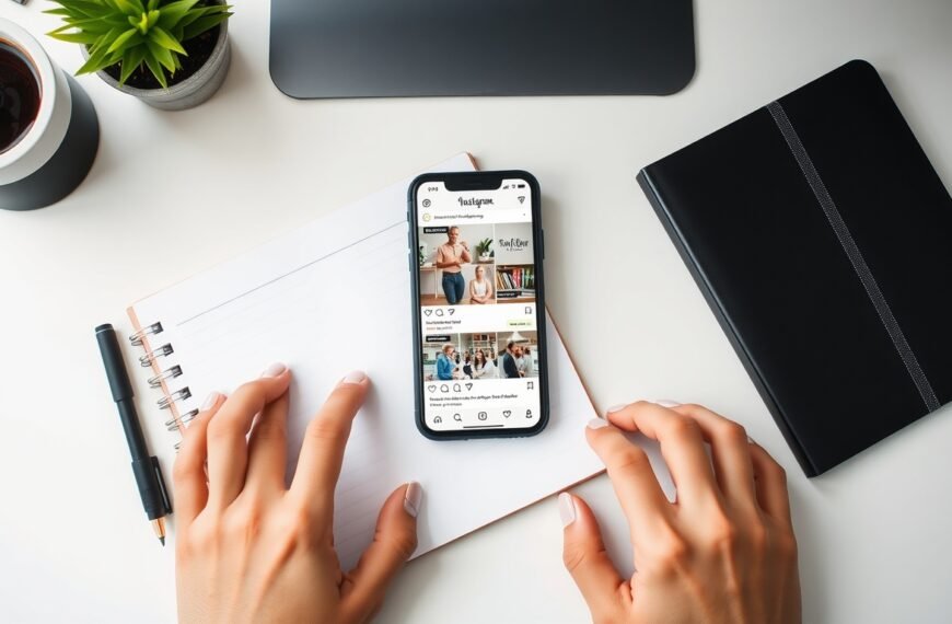인스타샵 - flat lay of smartphone showing Instagram shop interface with product tags, notebook and pen on white desk, online business concept