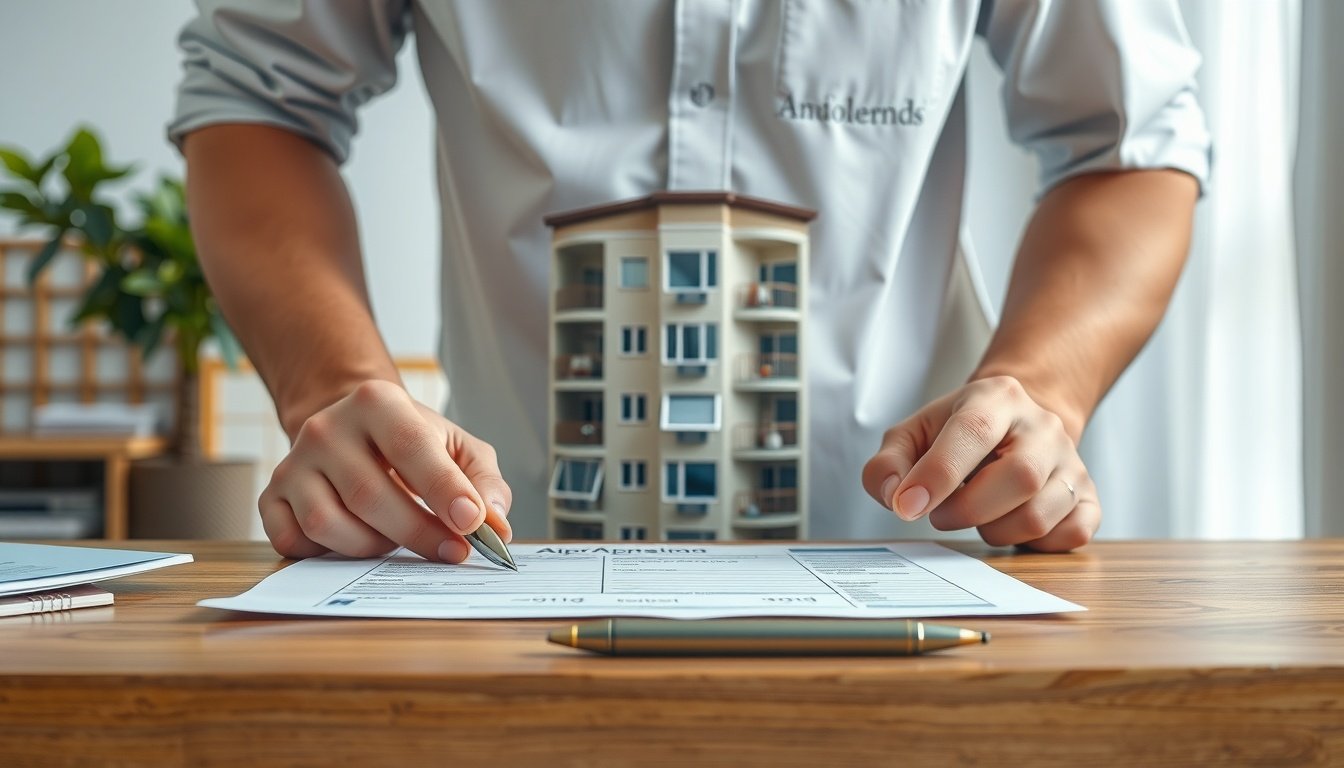 전세 대출 - flat lay of Korean apartment building exterior photo with loan application form and pen on wooden desk, jeonse loan guide concept