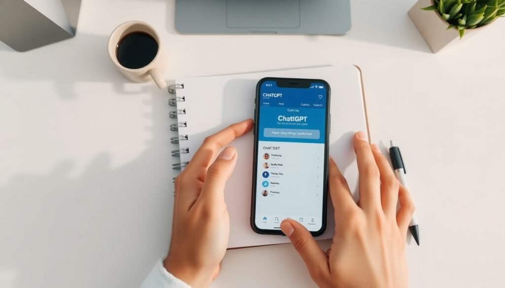 챗지피티 무료 유료 차이 - flat lay of smartphone showing ChatGPT interface and notebook on white desk, ChatGPT free vs paid plan comparison concept