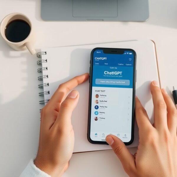 챗지피티 무료 유료 차이 - flat lay of smartphone showing ChatGPT interface and notebook on white desk, ChatGPT free vs paid plan comparison concept