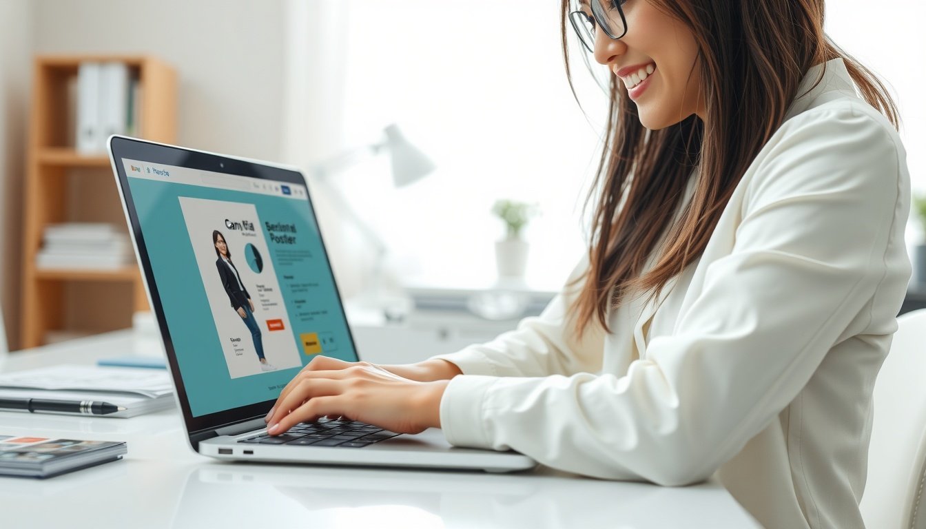 캔바 사용법 포스터 - Korean woman upper body shot with face visible, smiling while designing a poster on Canva website using laptop, natural hands, bright home office background