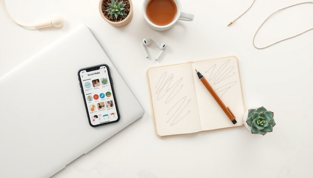 소셜미디어 전략 - flat lay of smartphone showing social media apps with notebook and pen on white desk, social media strategy concept