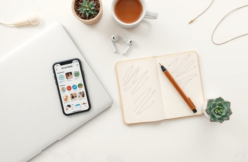 소셜미디어 전략 - flat lay of smartphone showing social media apps with notebook and pen on white desk, social media strategy concept
