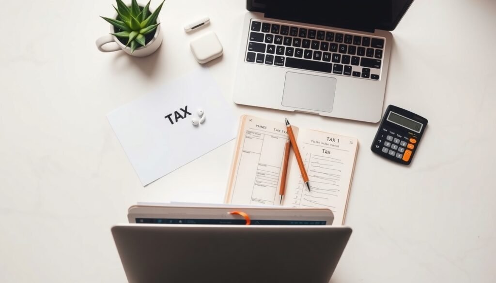 연말정산 - flat lay of tax documents, calculator, and laptop on white desk, year-end tax settlement Korea concept