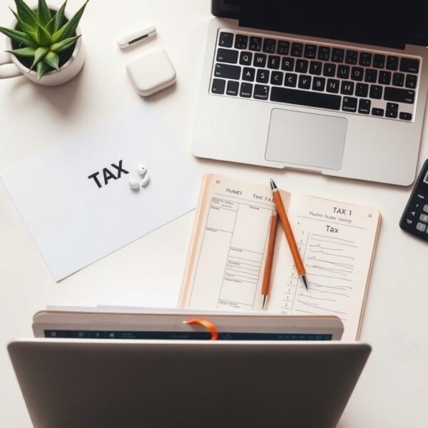 연말정산 - flat lay of tax documents, calculator, and laptop on white desk, year-end tax settlement Korea concept