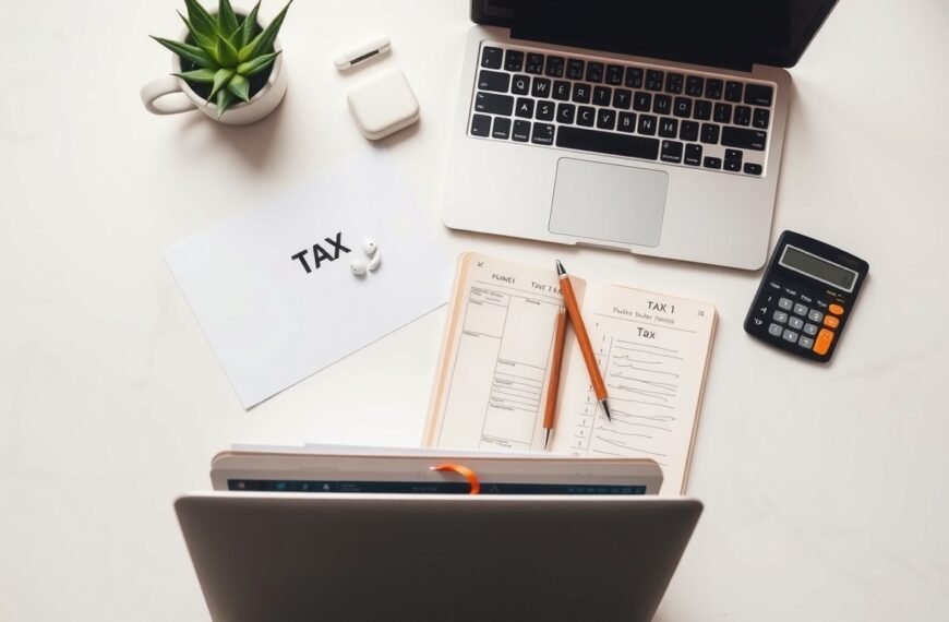 연말정산 - flat lay of tax documents, calculator, and laptop on white desk, year-end tax settlement Korea concept