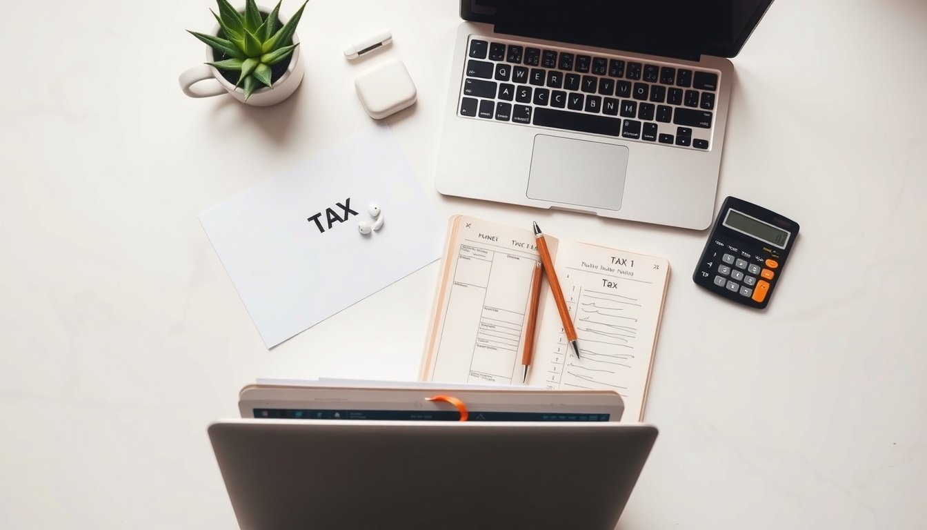 연말정산 - flat lay of tax documents, calculator, and laptop on white desk, year-end tax settlement Korea concept