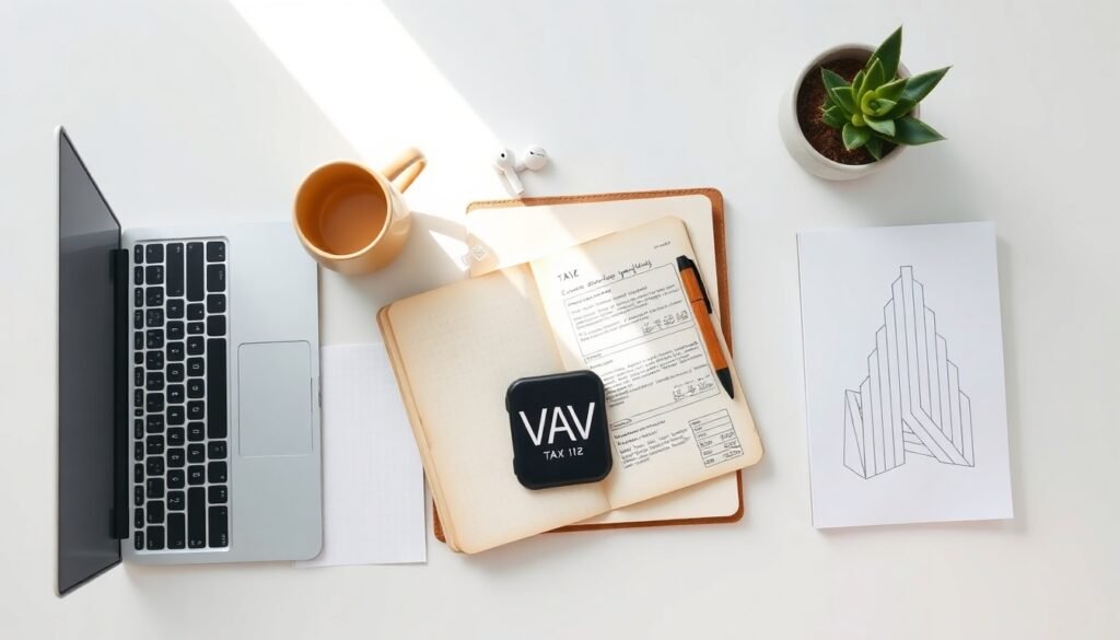 부가세 신고 - flat lay of tax documents, calculator, and laptop on white desk, VAT tax return filing concept Korea 2026