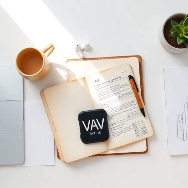 부가세 신고 - flat lay of tax documents, calculator, and laptop on white desk, VAT tax return filing concept Korea 2026
