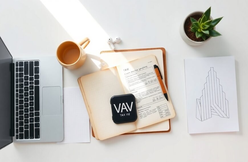 부가세 신고 - flat lay of tax documents, calculator, and laptop on white desk, VAT tax return filing concept Korea 2026