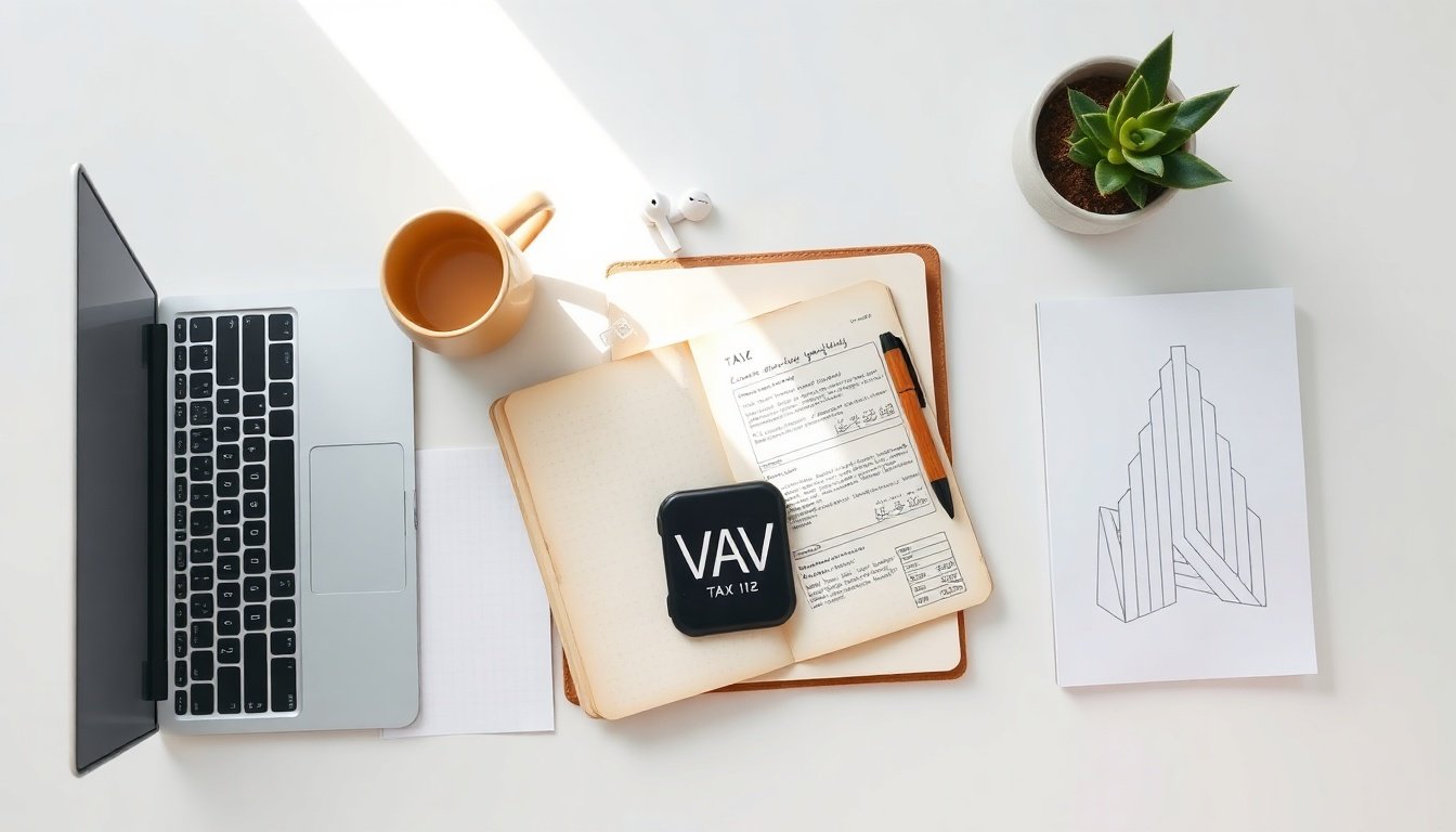부가세 신고 - flat lay of tax documents, calculator, and laptop on white desk, VAT tax return filing concept Korea 2026