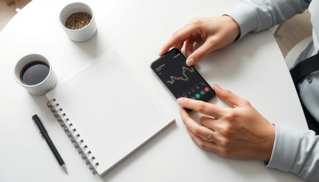 해외 주식 - flat lay of smartphone showing stock chart app and notebook with investment notes on white desk, overseas stock investment concept