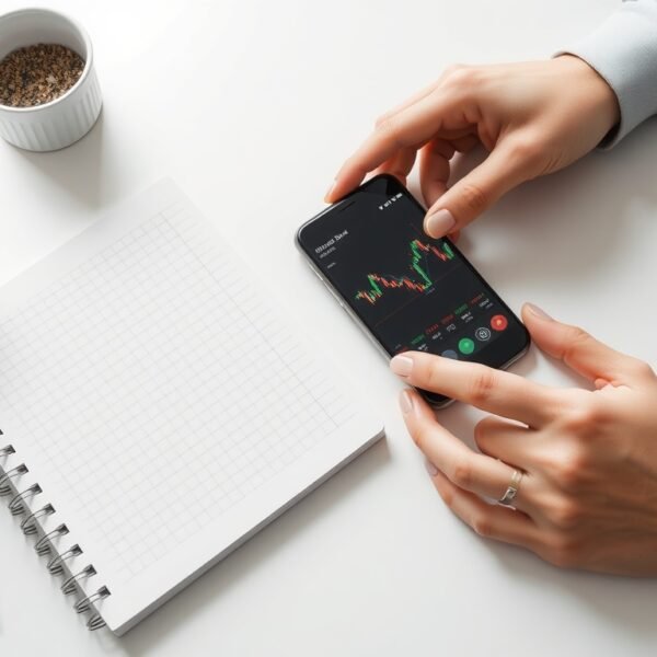 해외 주식 - flat lay of smartphone showing stock chart app and notebook with investment notes on white desk, overseas stock investment concept