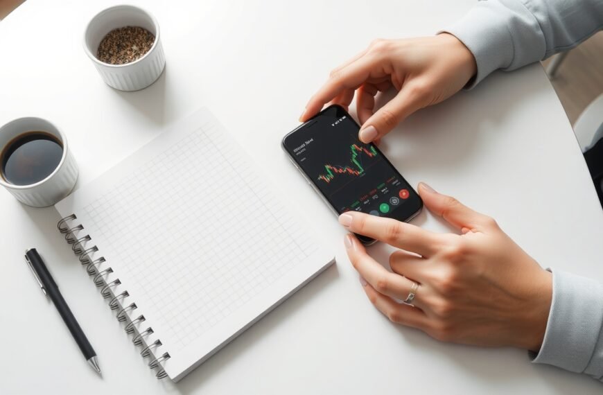 해외 주식 - flat lay of smartphone showing stock chart app and notebook with investment notes on white desk, overseas stock investment concept