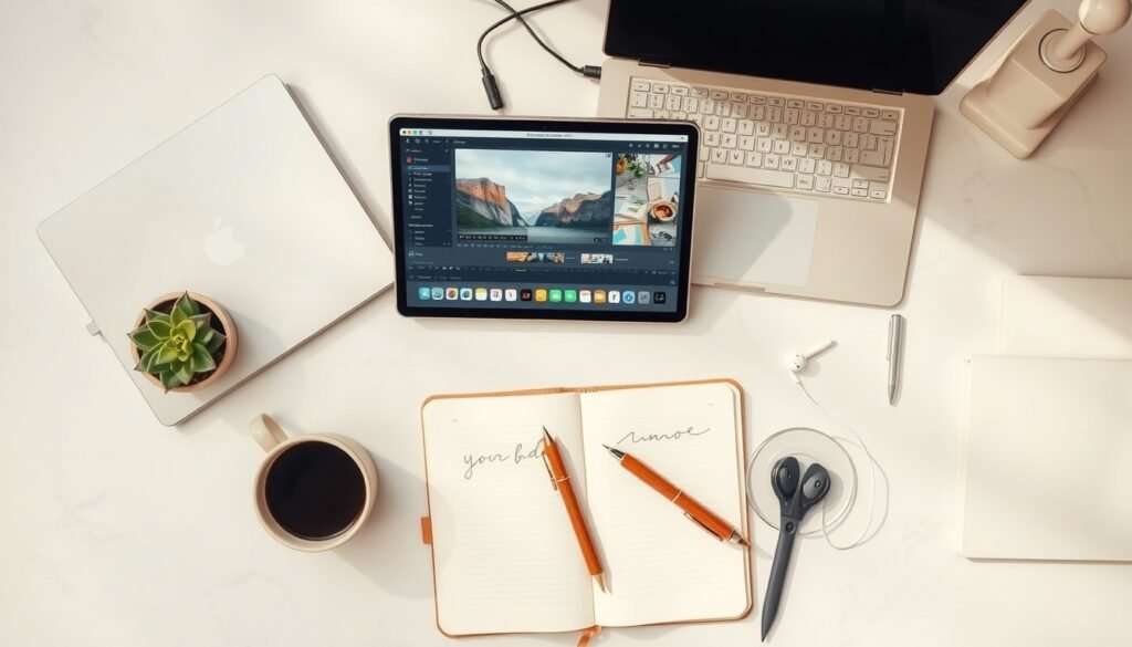 유튜브 편집 - flat lay of video editing setup with laptop showing YouTube editing software, microphone and headphones on white desk